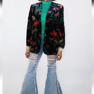 Vintage 80s TanJay Black Floral Velvet Lined Blazer Jacket